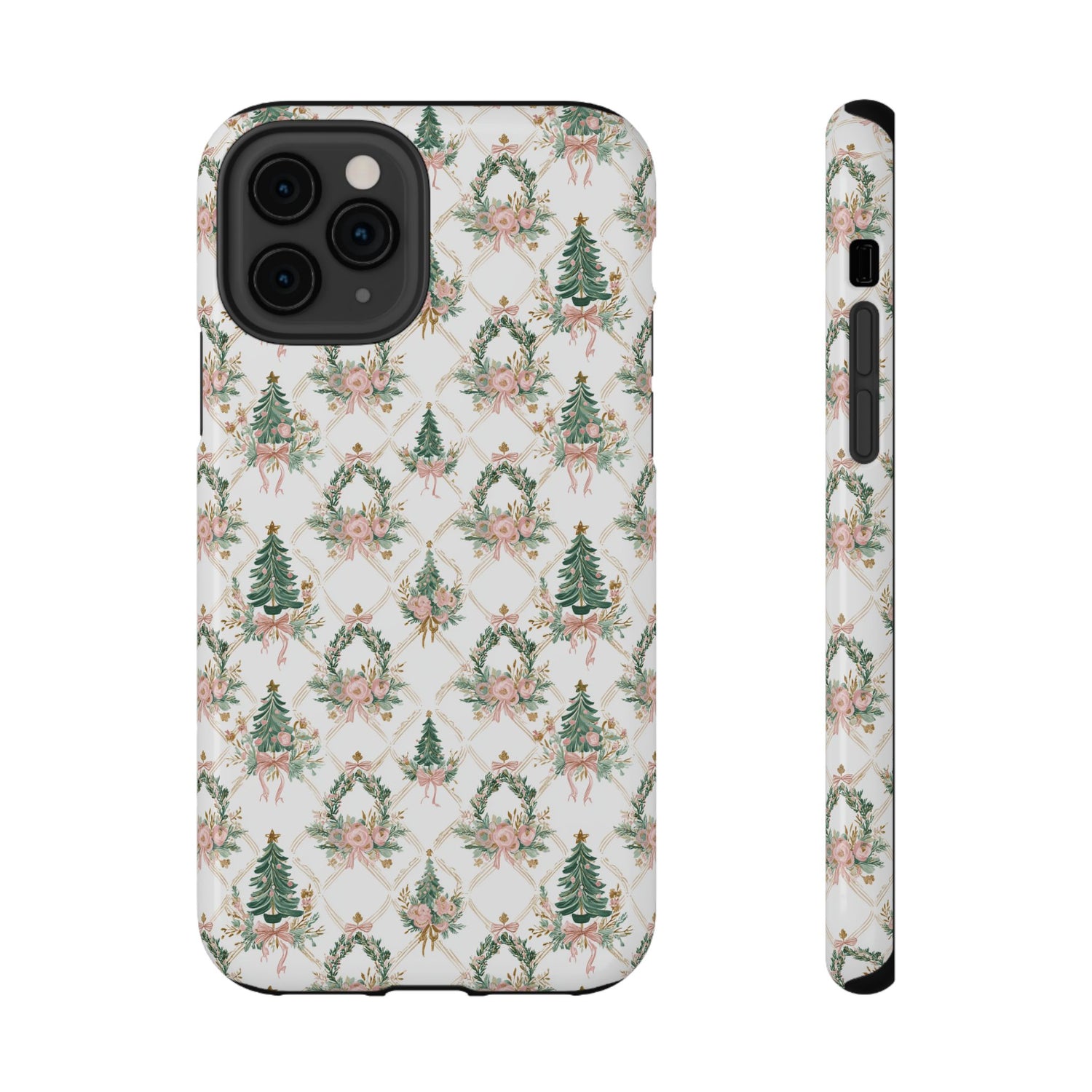 Phone case with Christmas tree and floral pattern on a white background