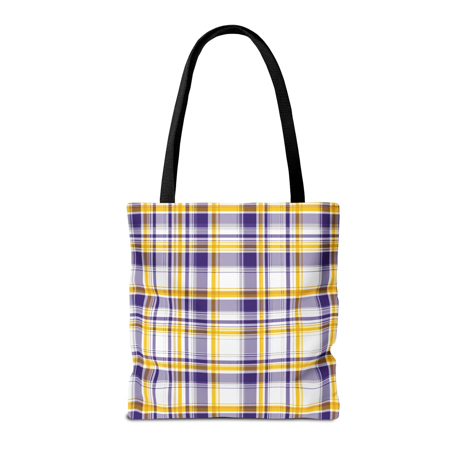 Plaid tote bag with black handles on a white background