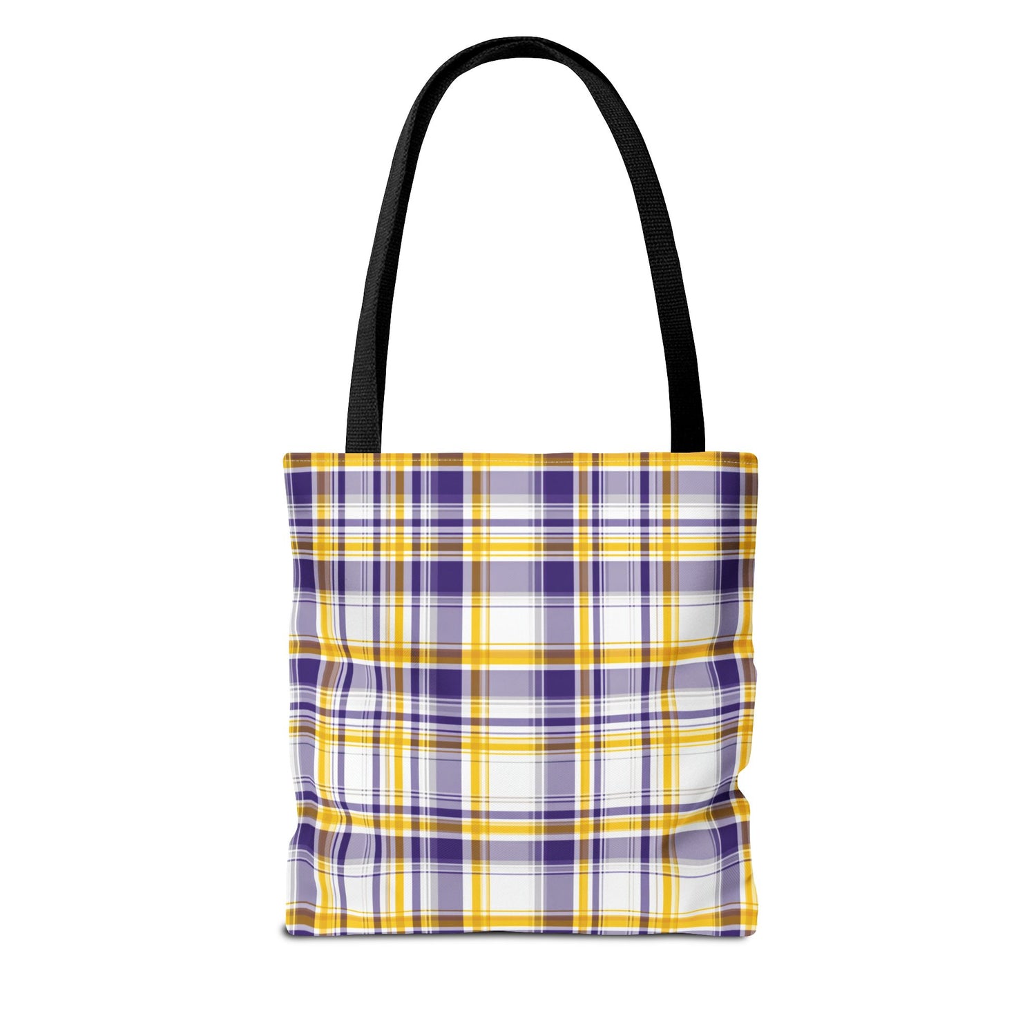 Tote bag with purple and yellow plaid pattern on a white background