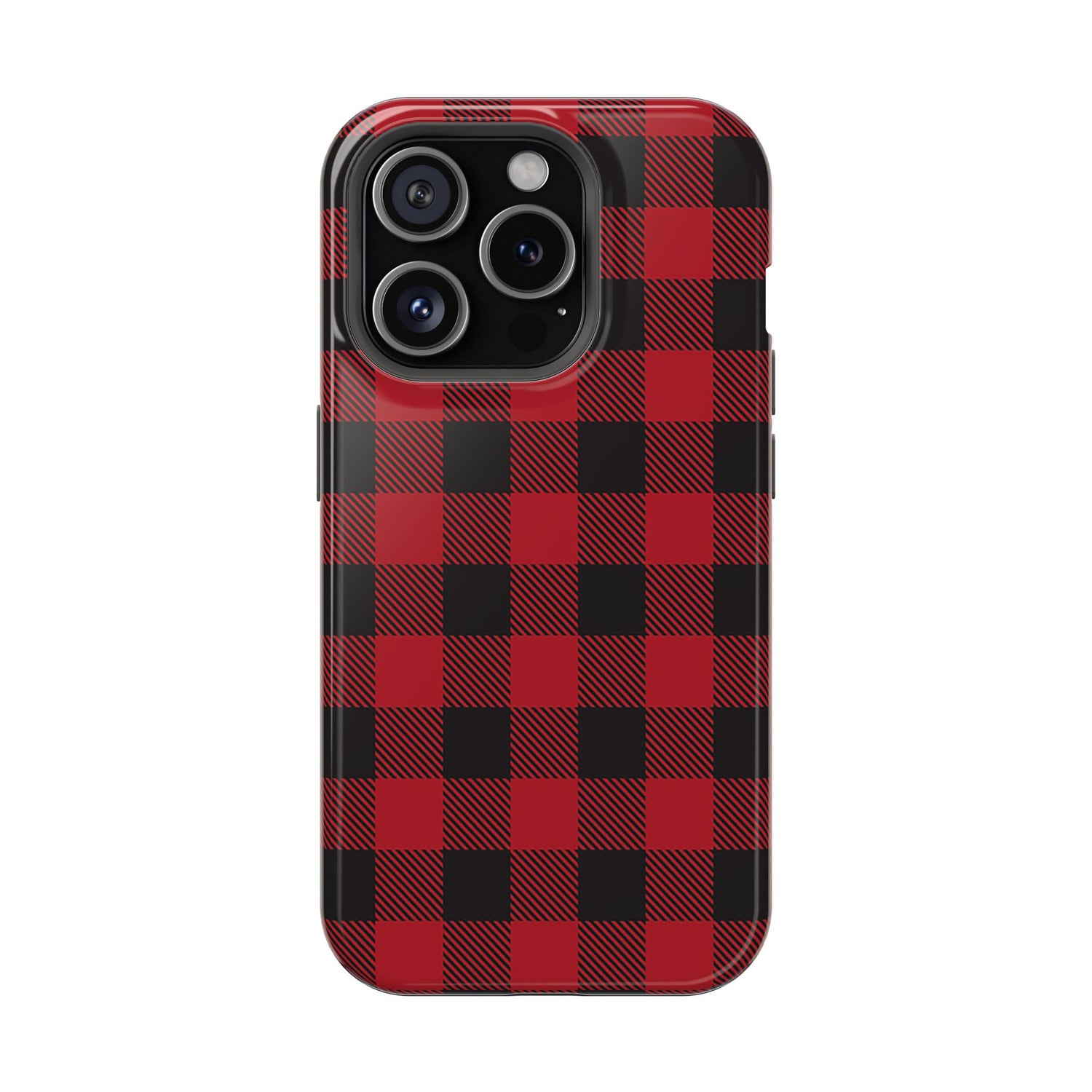 A red and black checkered phone case with a camera module on the back.