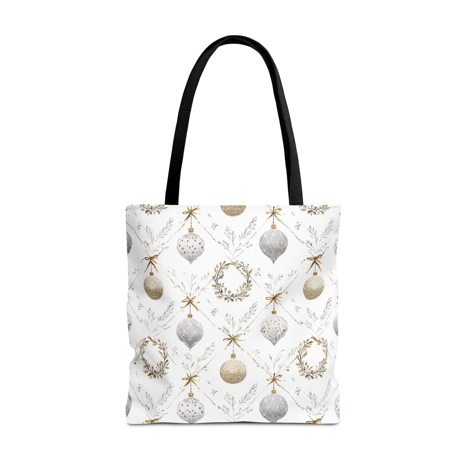 Tote bag with Christmas ornament pattern on a white background