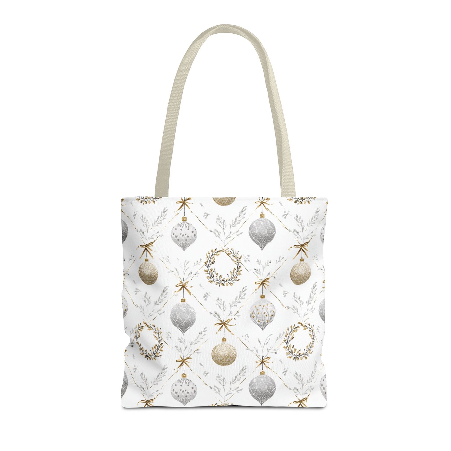 Tote bag with Christmas ornament and wreath pattern on a white background