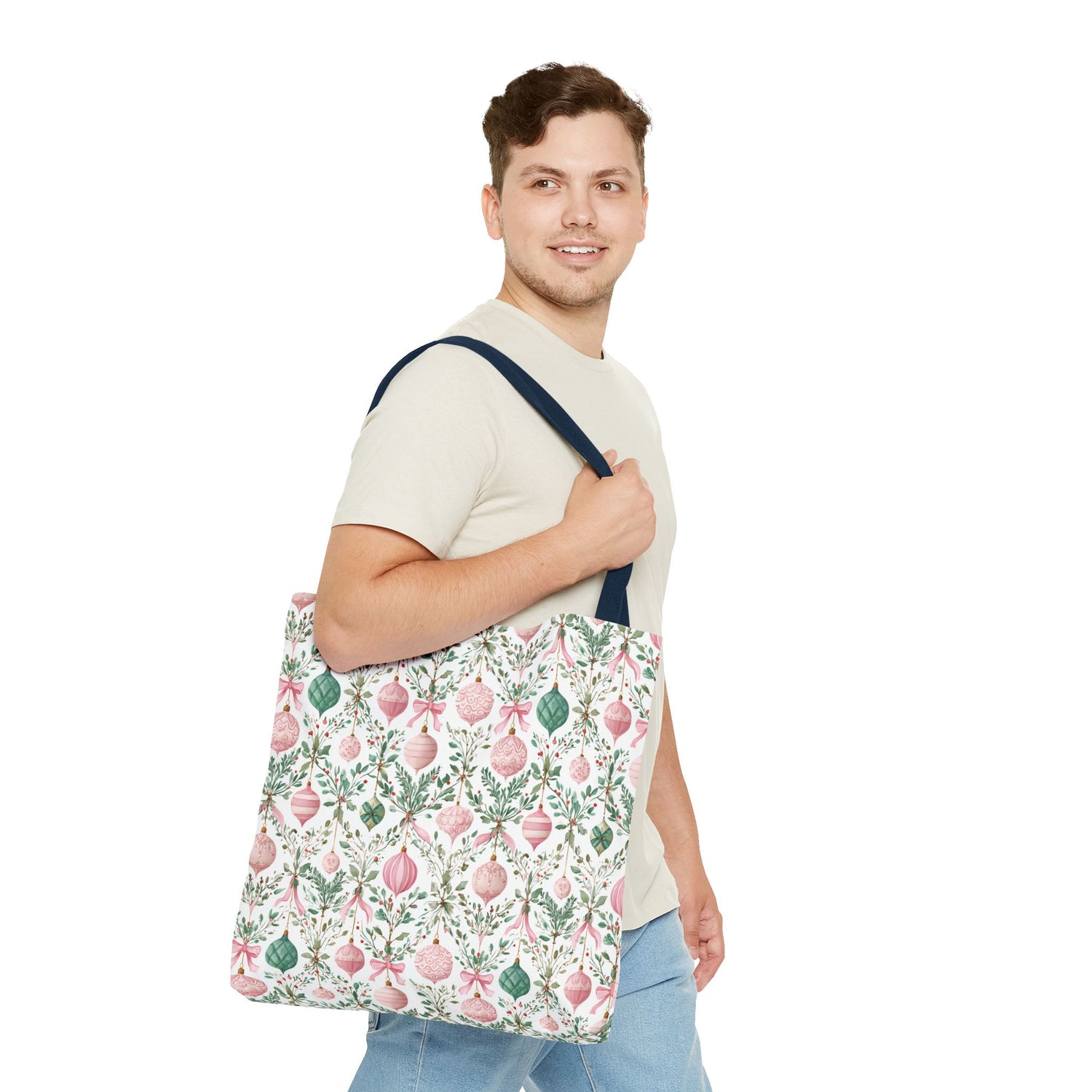 Festive Holiday Tote Bag- Pink Green Ornaments