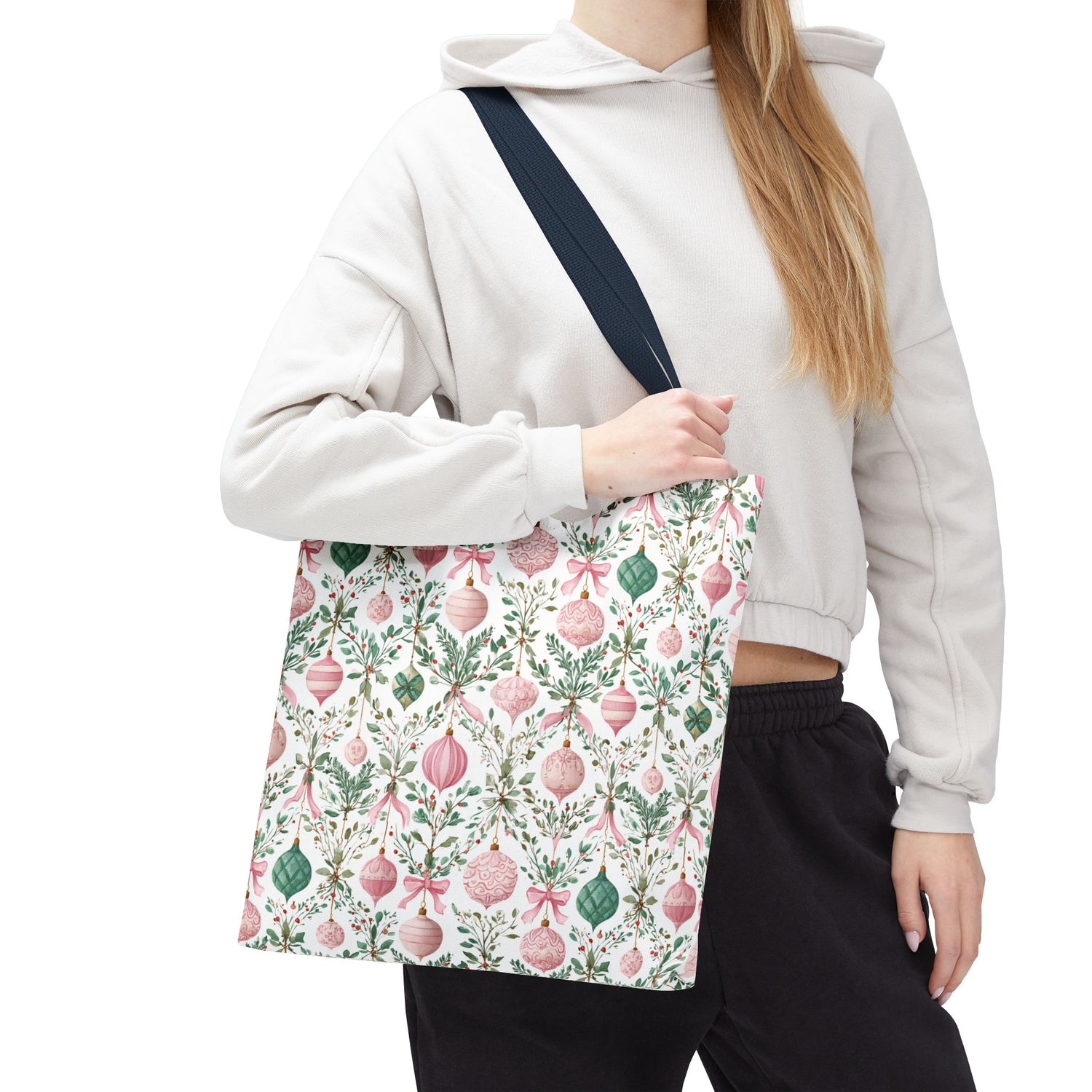 Festive Holiday Tote Bag- Pink Green Ornaments