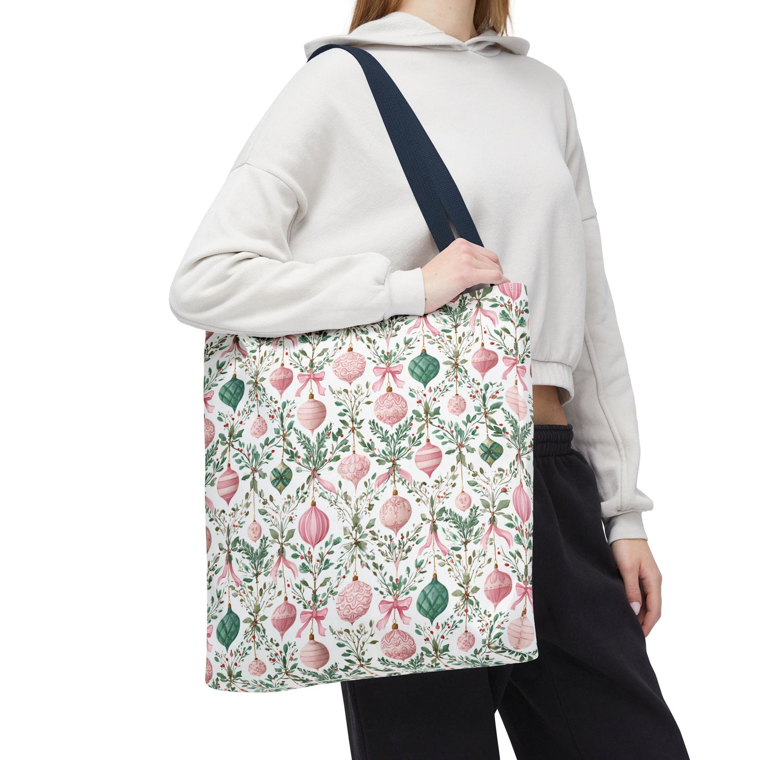Festive Holiday Tote Bag- Pink Green Ornaments