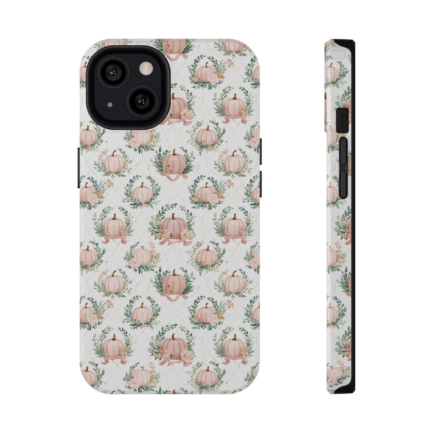 Phone case with pink pumpkins and green leaves pattern on a white background