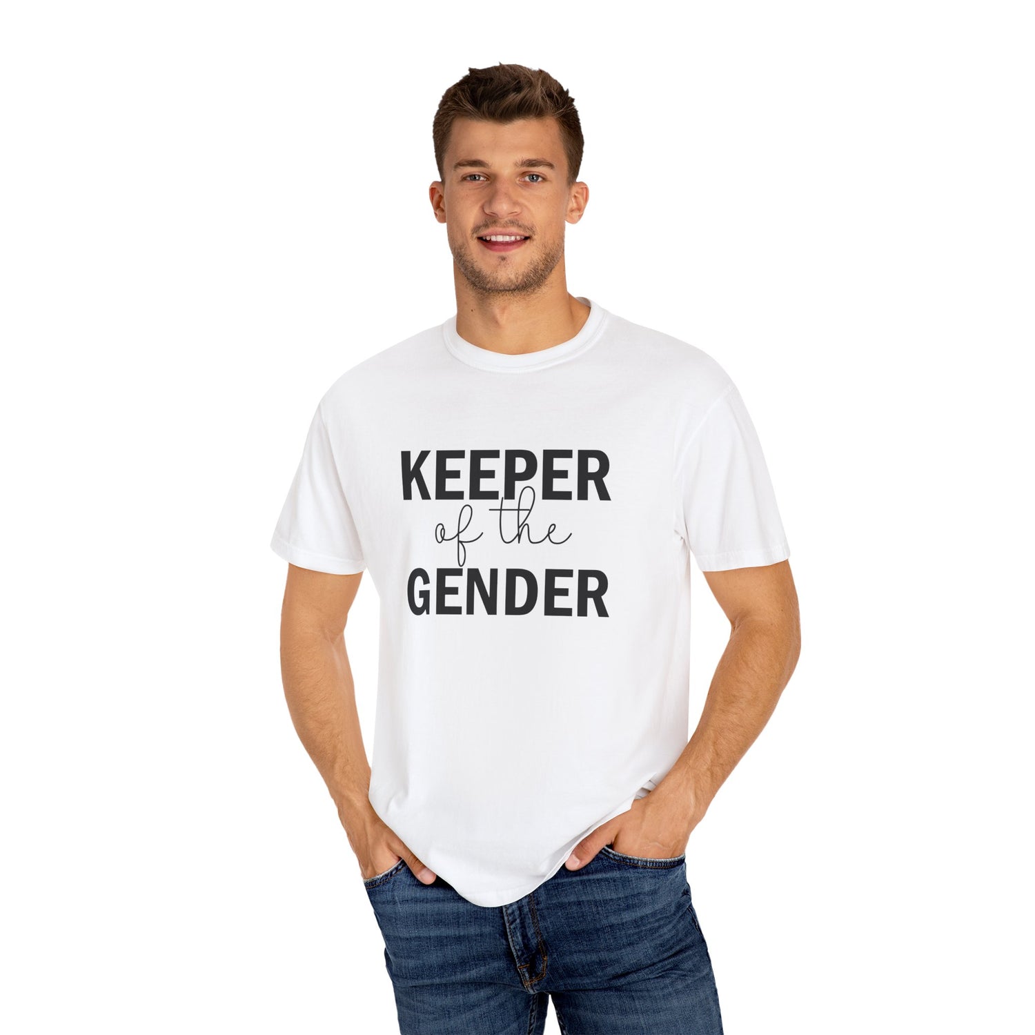 Unisex Garment-Dyed T-Shirt with 'Keeper of the Gender' Print | Funny New Baby Shirt, Casual Wear, Gender Reveal