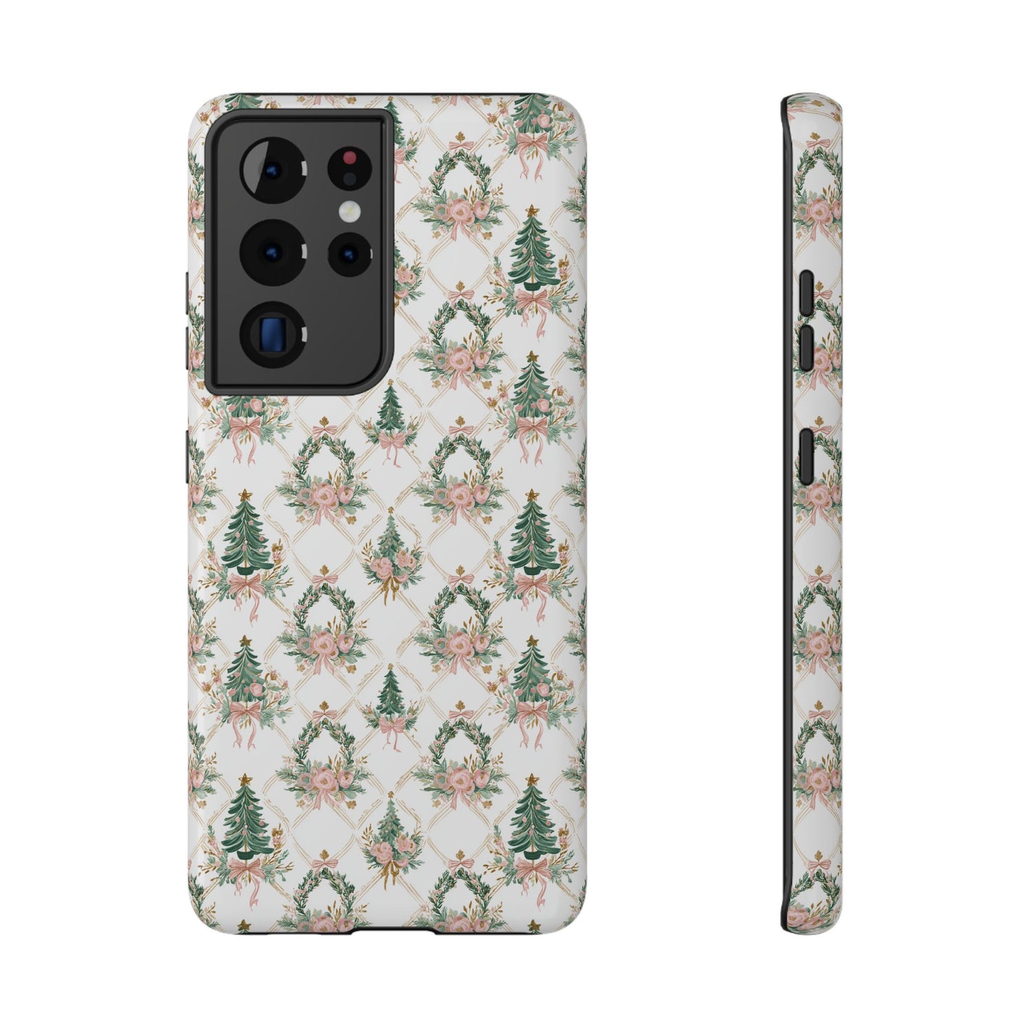 Phone case with floral and Christmas tree pattern on a white background