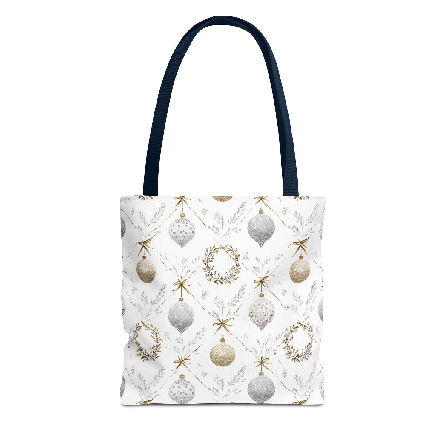Tote bag with Christmas ornament and wreath pattern on a white background