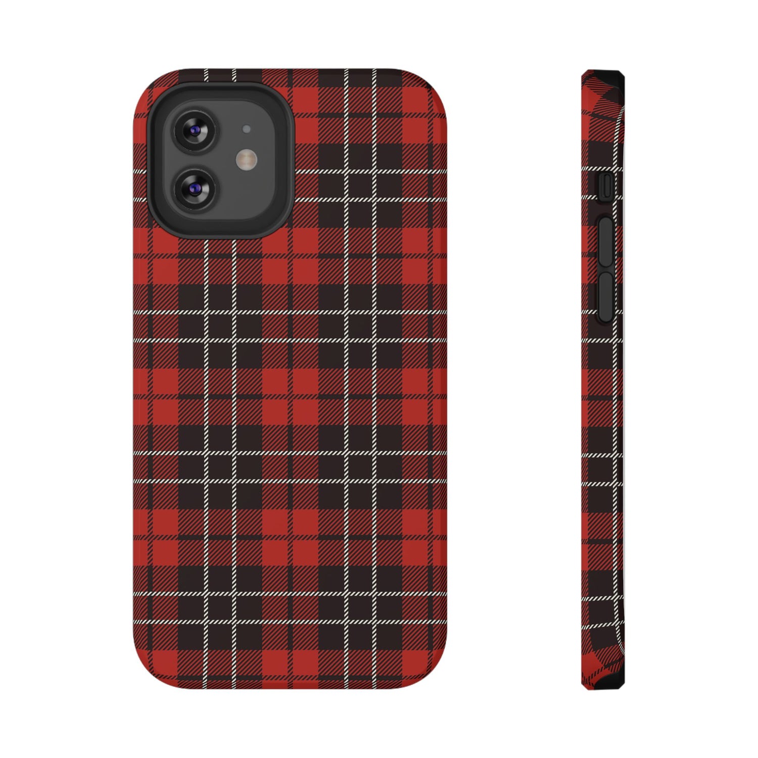 A red and black checkered phone case with a glossy finish on the front and a black removable TPU inner layer. The case is designed to protect a smartphone and has a wireless charging friendly design.