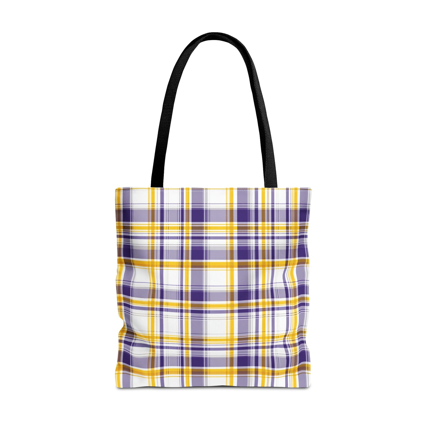 Plaid tote bag with purple, yellow, and white pattern on a white background