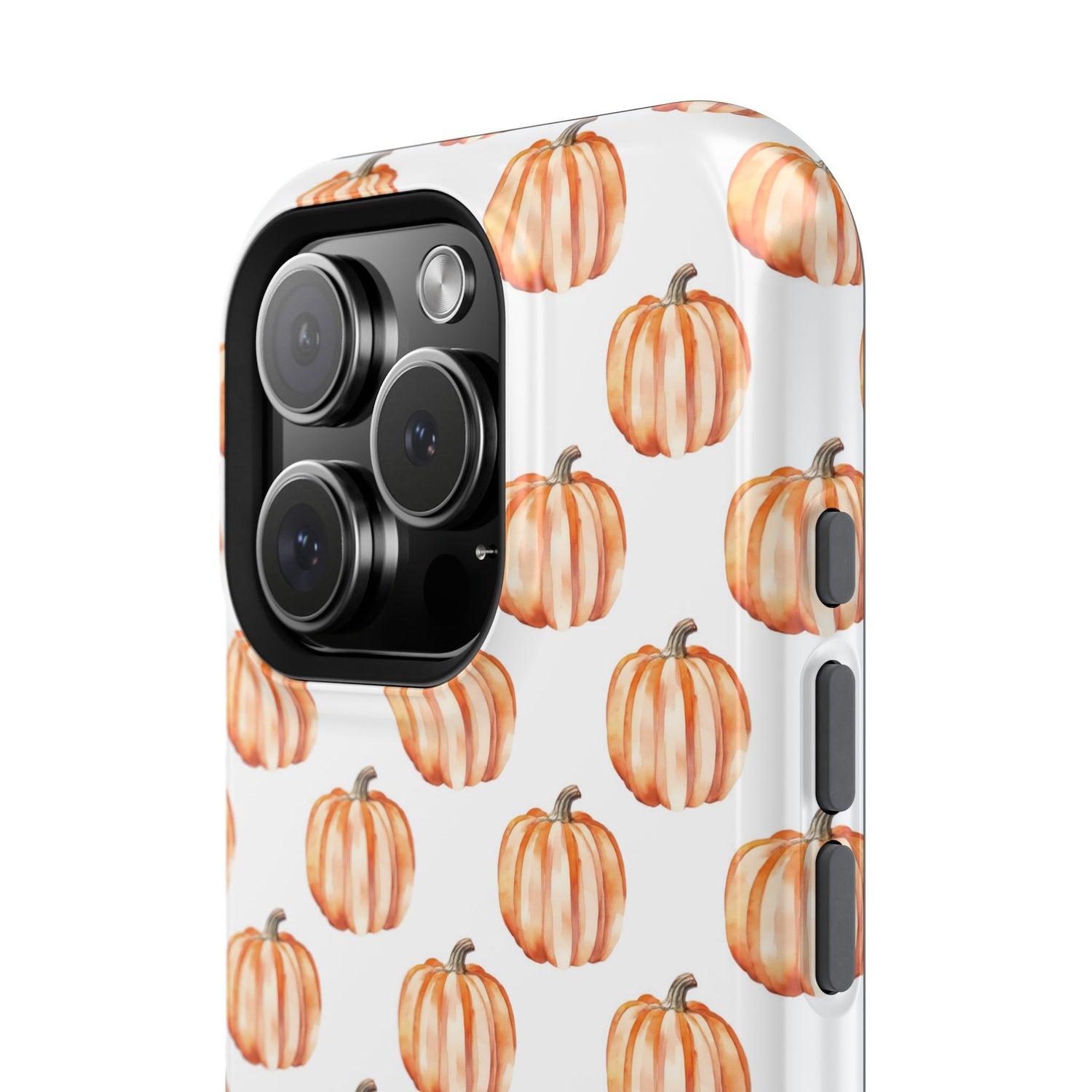 A phone case with a pattern of pumpkins on a white background, featuring a camera cutout and a black border at the top.