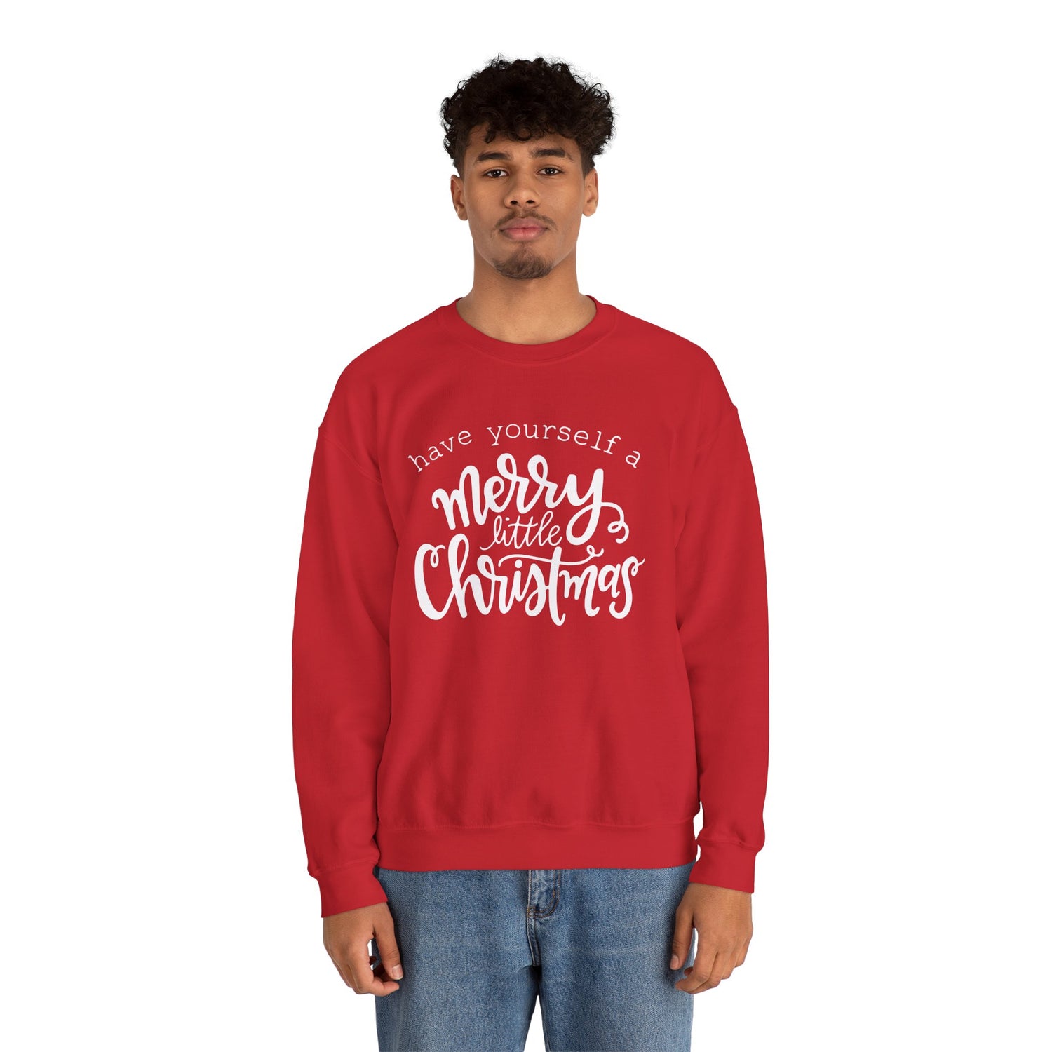 Person wearing a red sweatshirt with white text on a white background