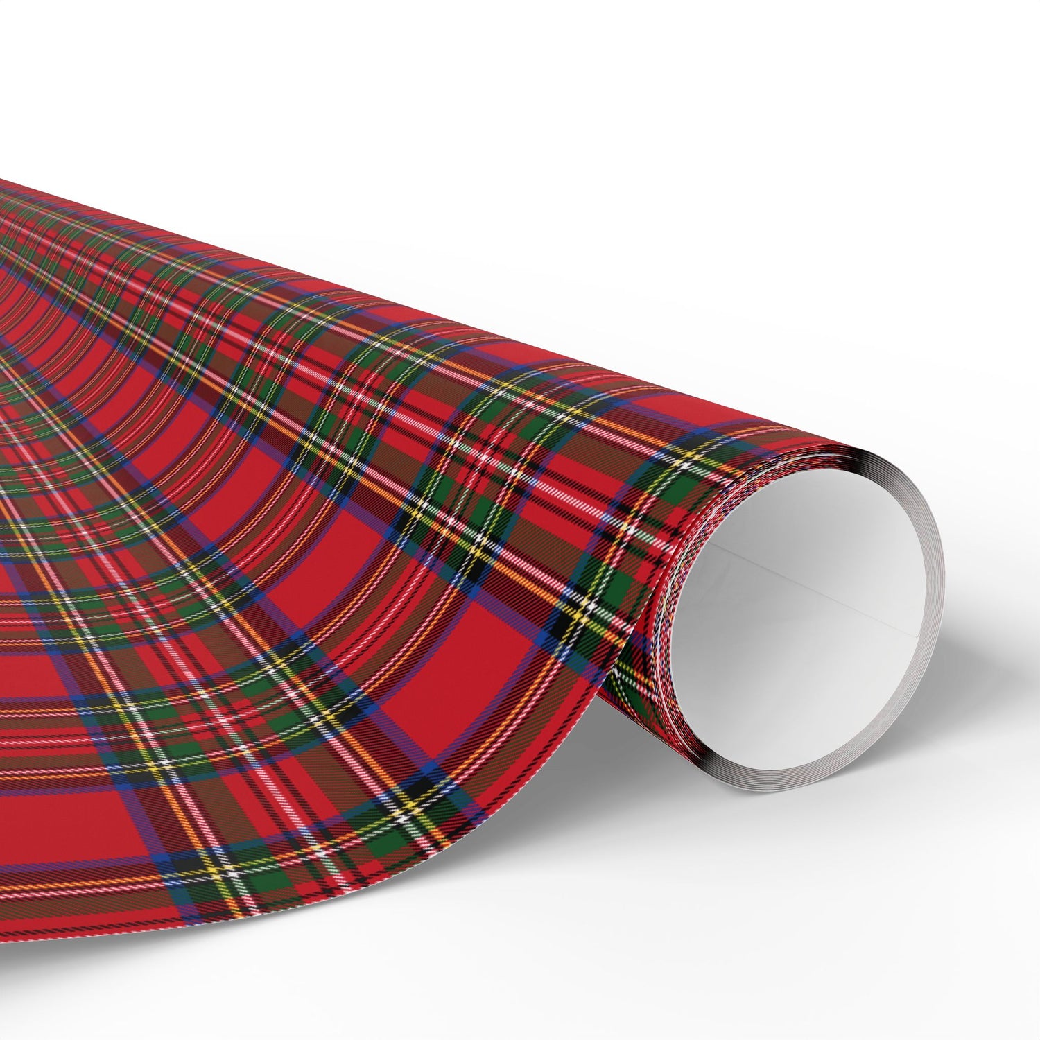 Roll of red plaid wrapping paper on a white background