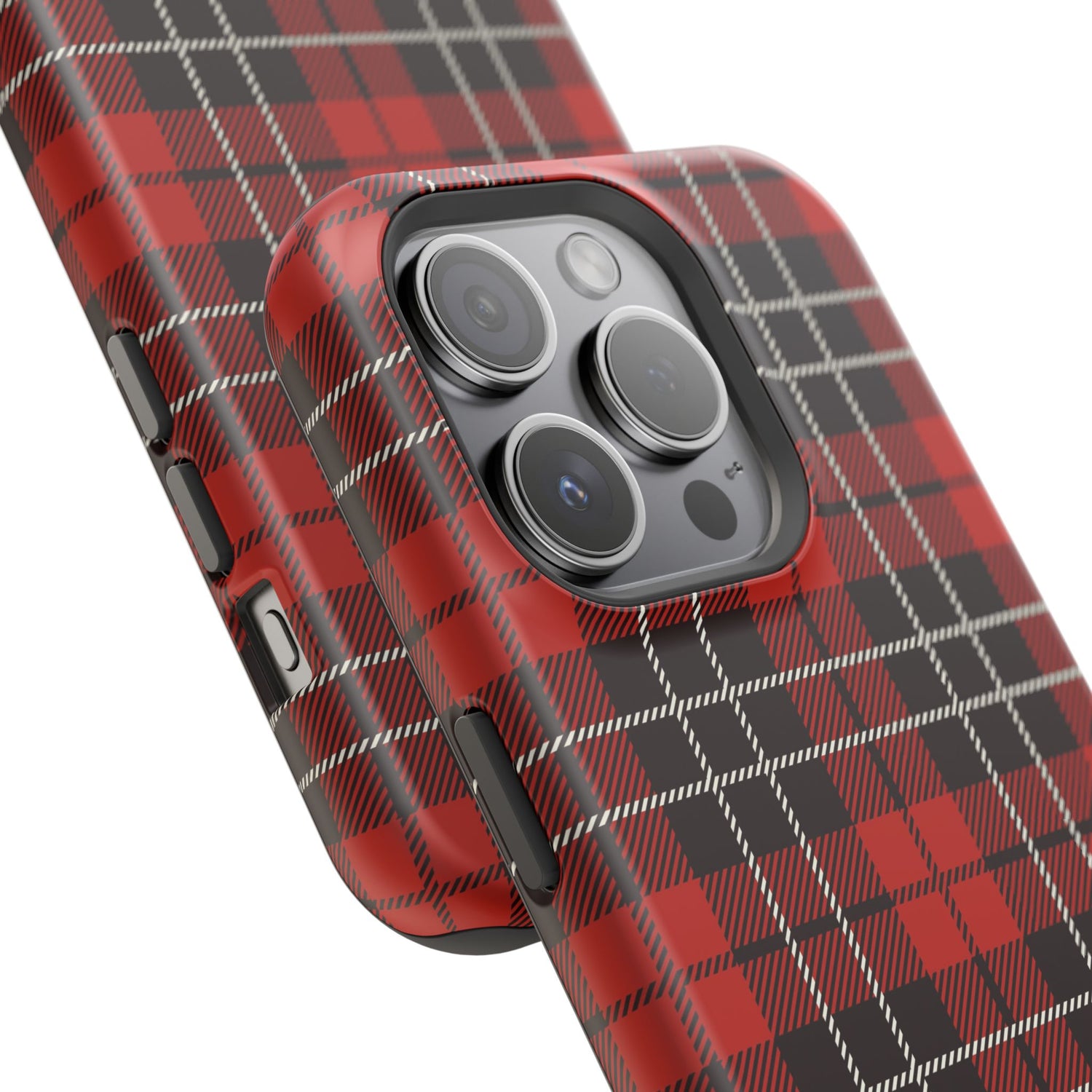 A red and black checkered pattern phone case with a camera module on the back, featuring a glossy finish.