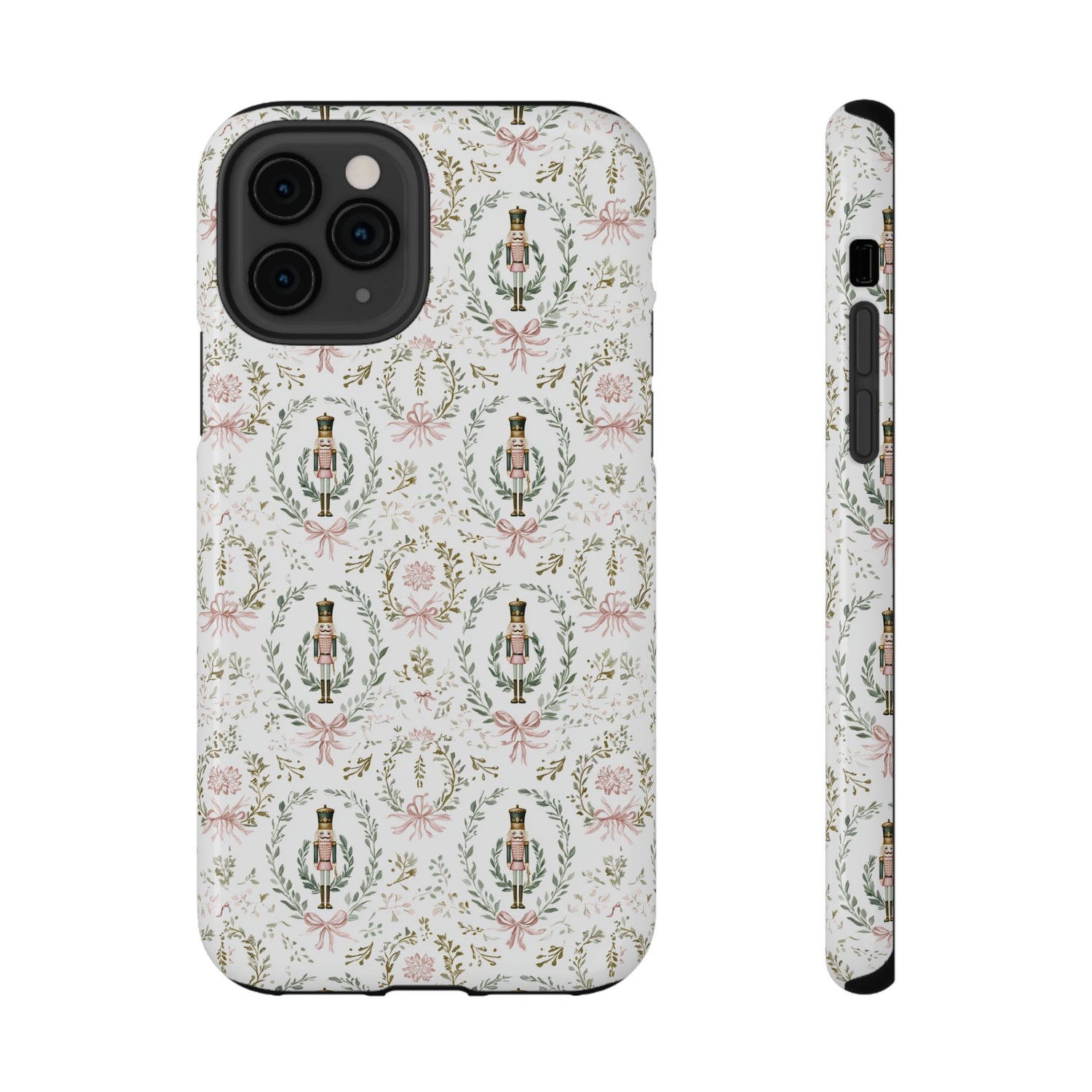 Phone case with decorative design featuring small figures and floral elements on a light background