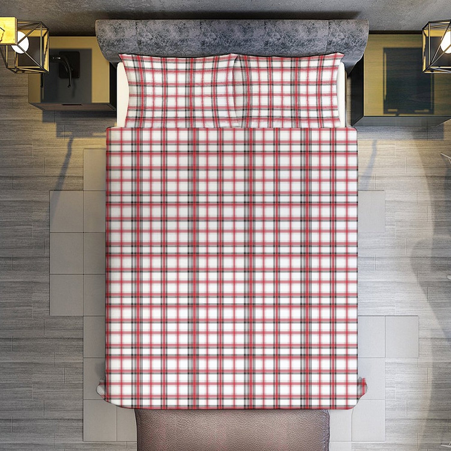 Red and white checkered quilt on a bed in a room with wooden flooring and a window.