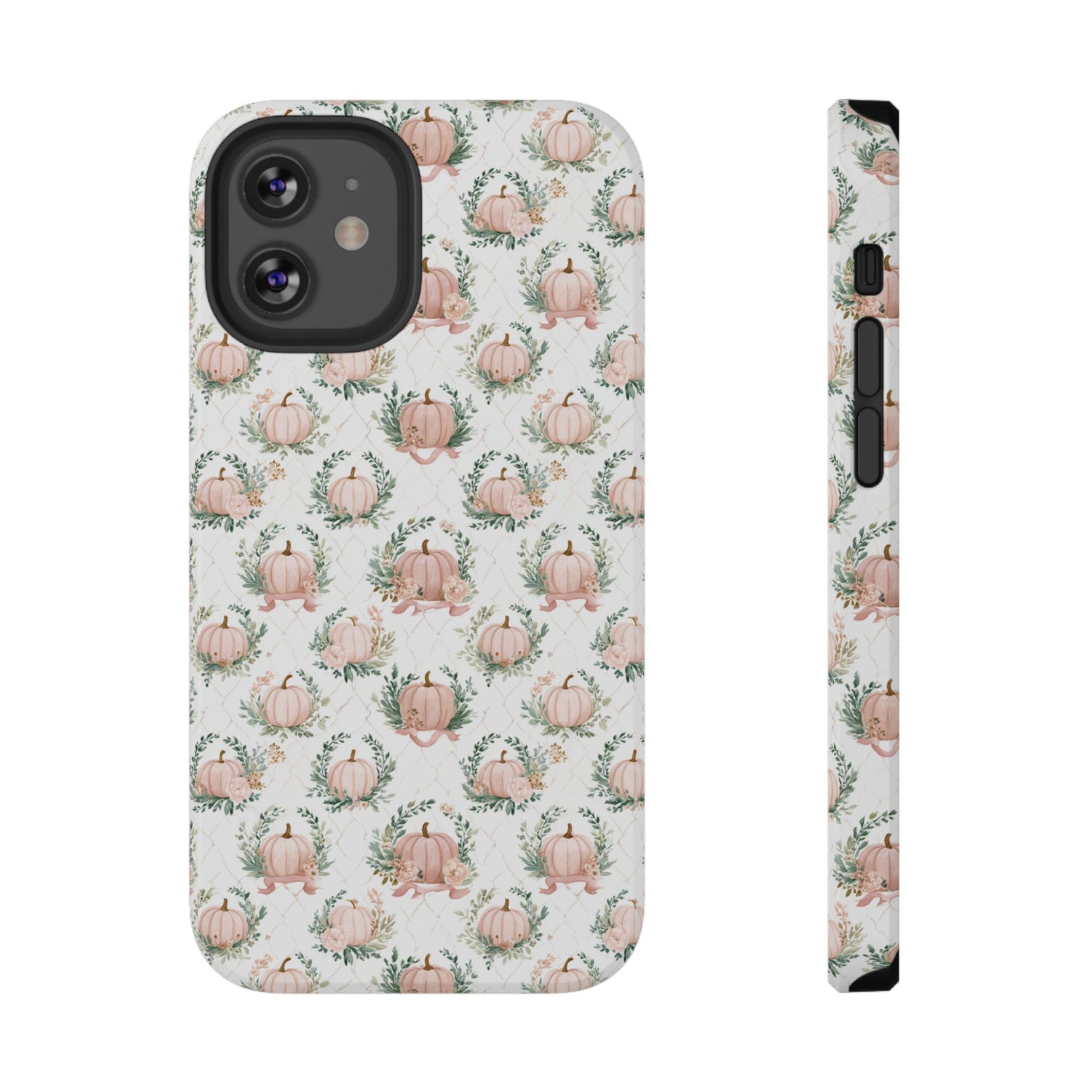 Phone case with pumpkin and leaf pattern on a light background