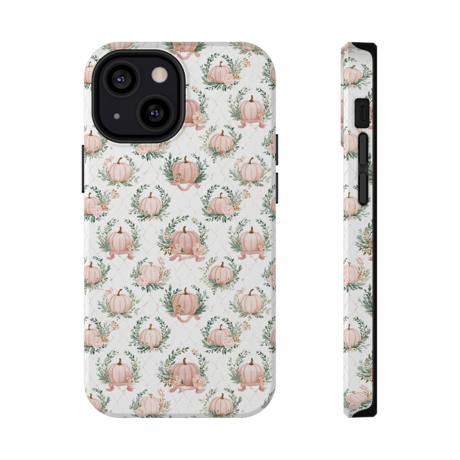 Phone case with pumpkin and leaf pattern on a white background