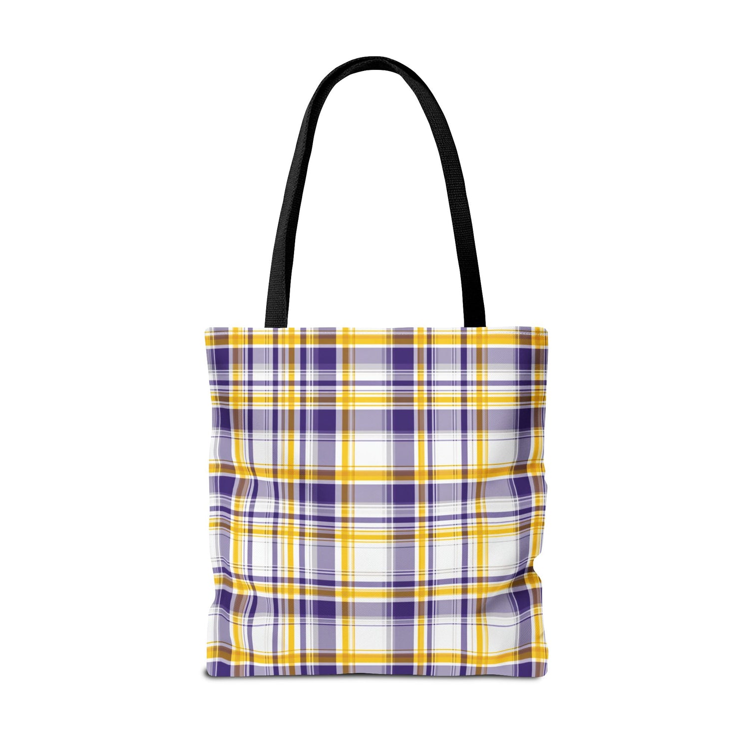 Plaid tote bag with purple, yellow, and white pattern on a white background
