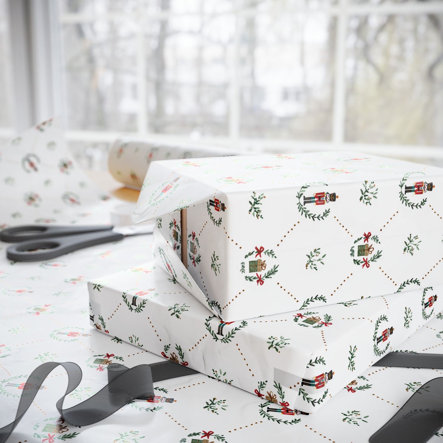 Stack of wrapped presents with Christmas-themed paper on a table.
