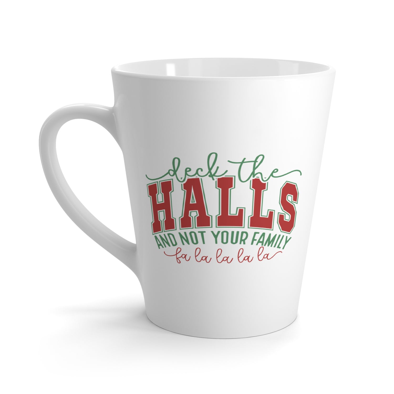 White mug with Christmas-themed text design on a white background