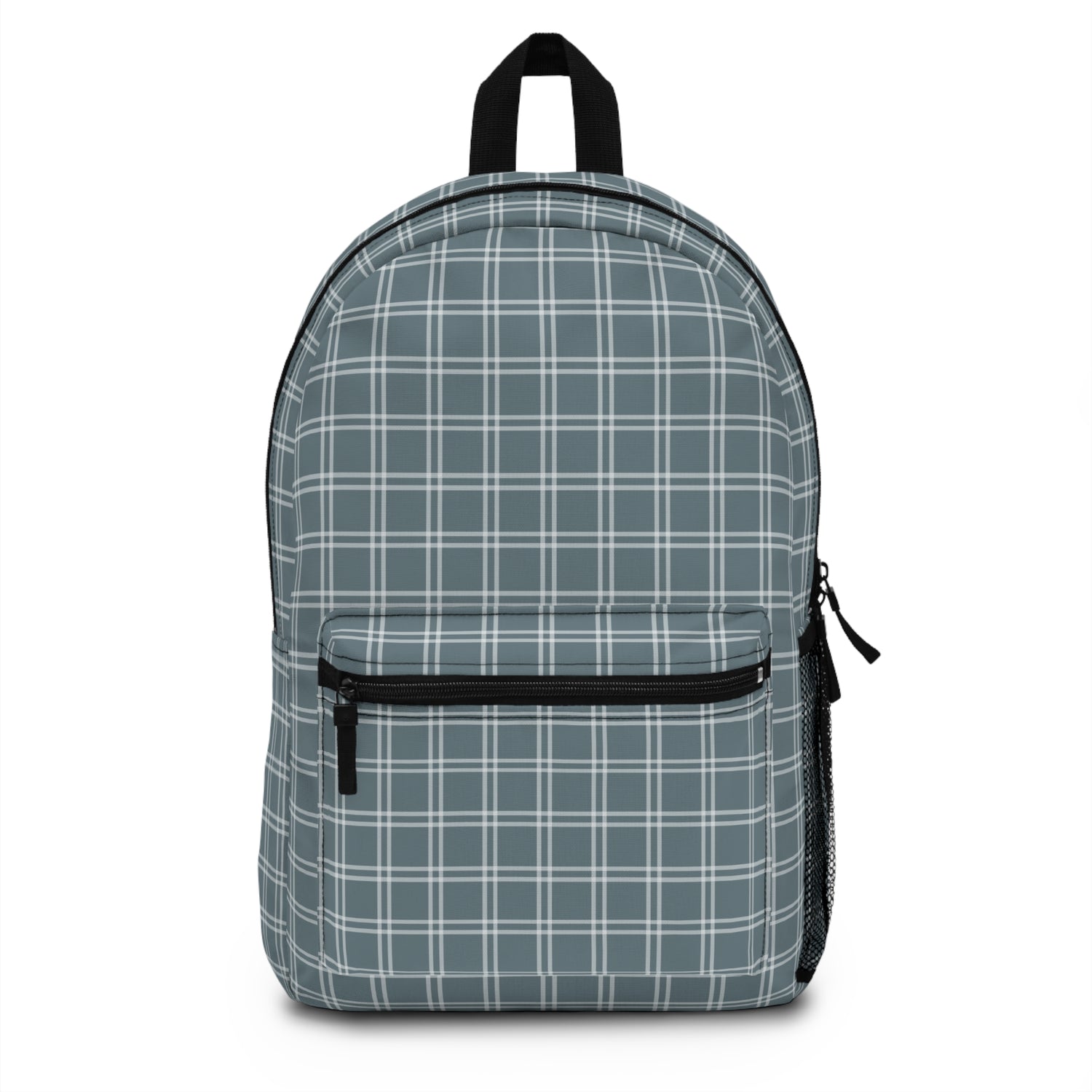 A blue and black checkered backpack with a zipper closure and a padded shoulder strap.