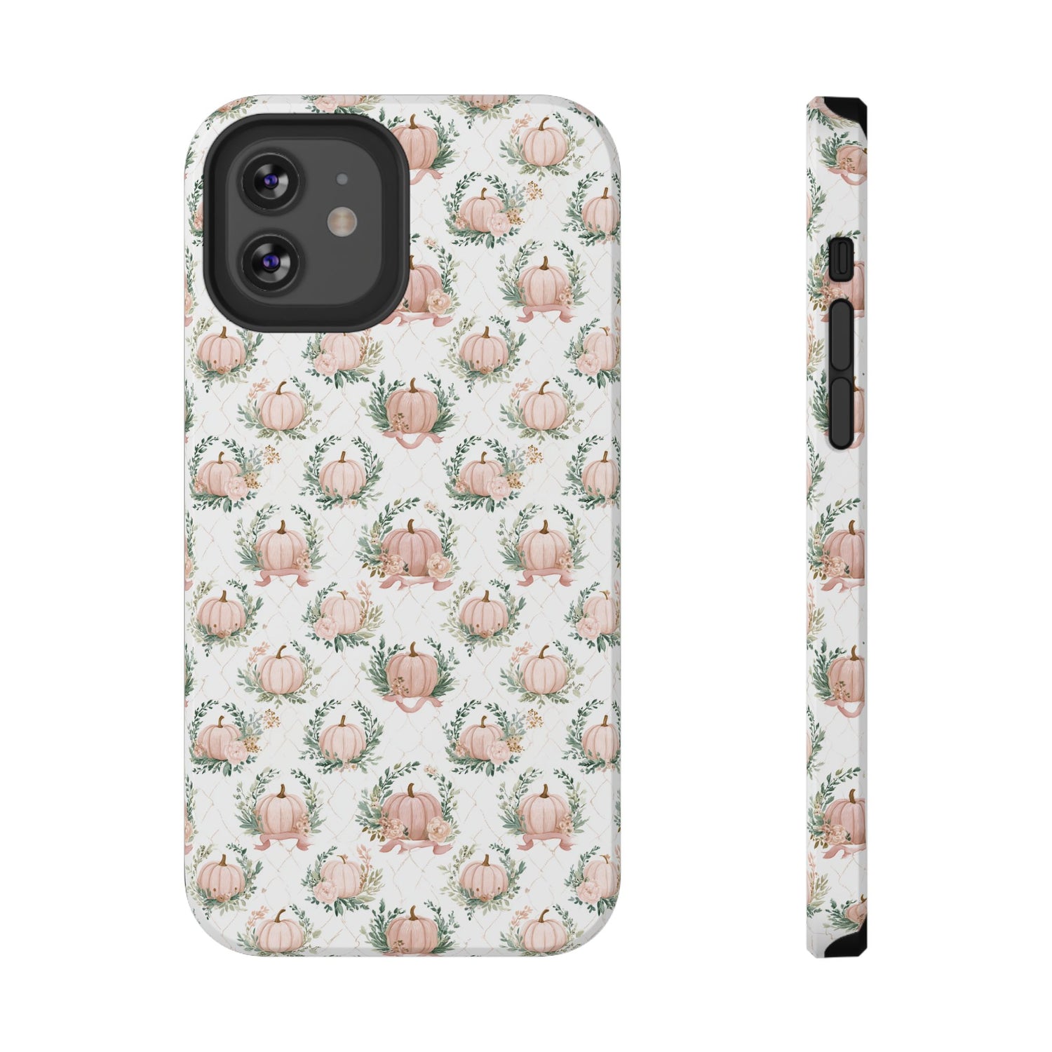 Phone case with pink pumpkins and green leaves pattern on a white background