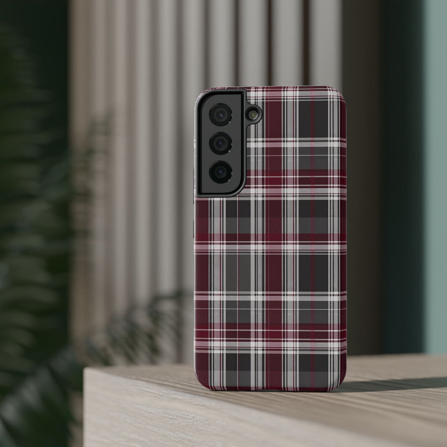 Stylish Plaid Impact-Resistant Phone Cases- Maroon Grey Plaid