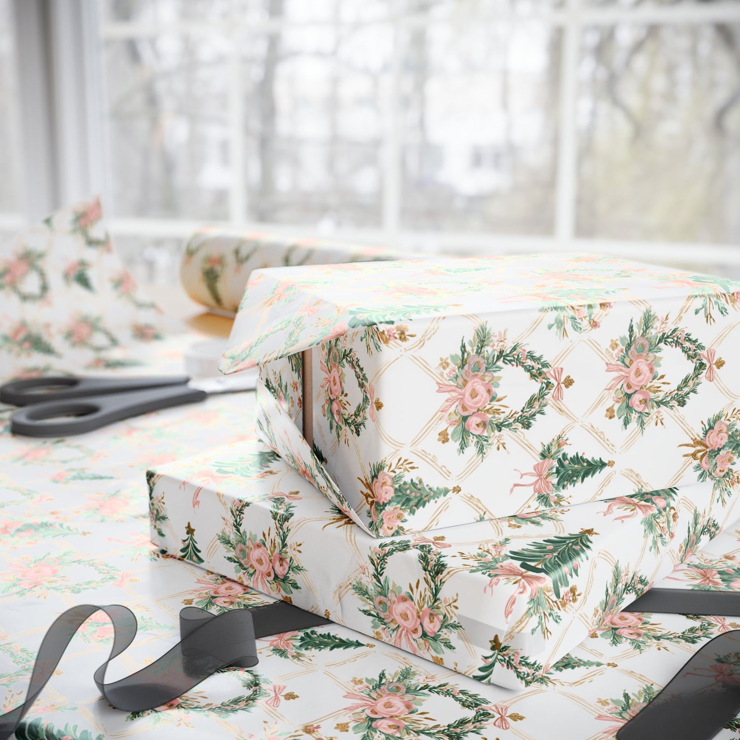 Floral-patterned gift box with ribbon on a matching floral surface