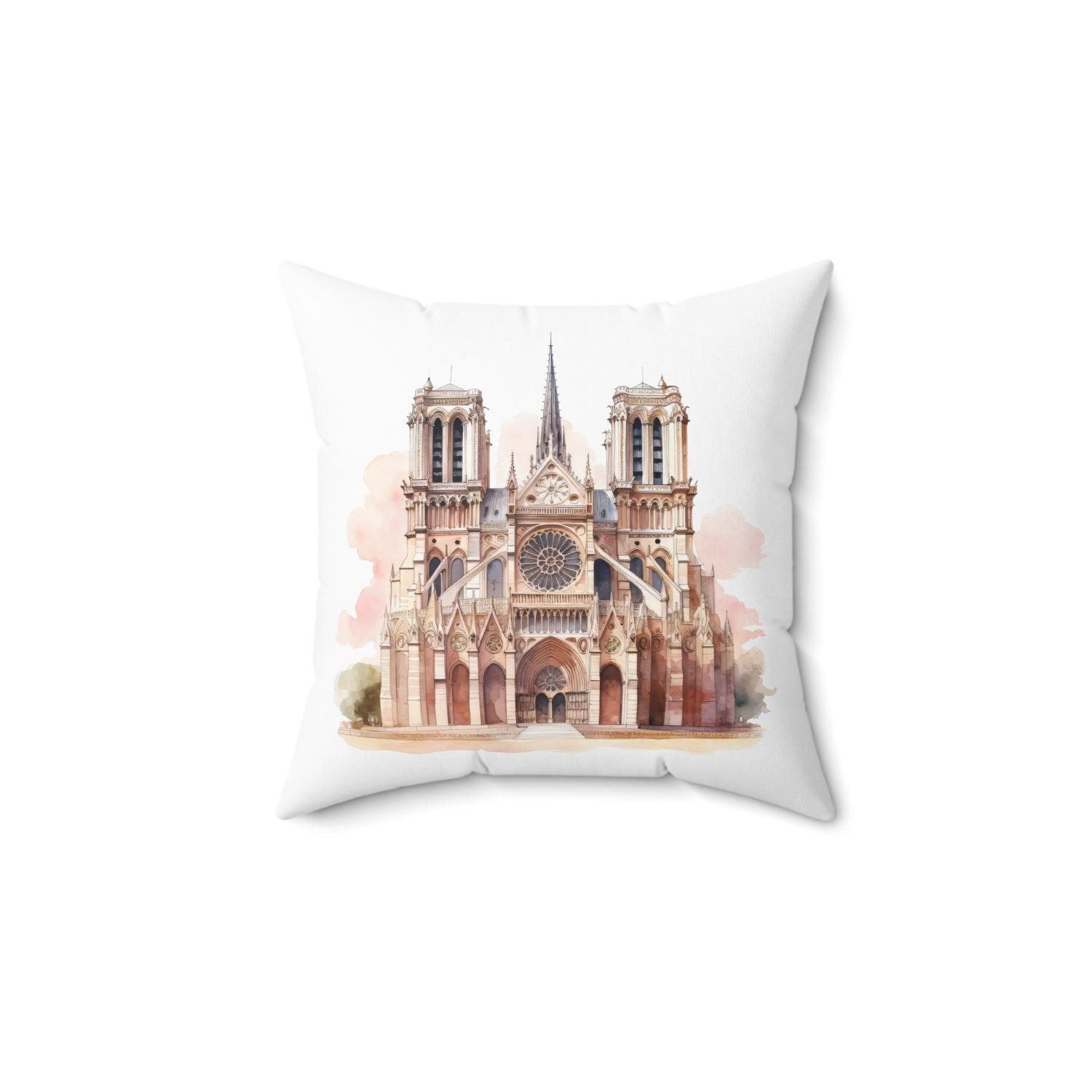 Spun Polyester Square Pillow with Removable Cover Watercolor Pink Paris Scene Luggage