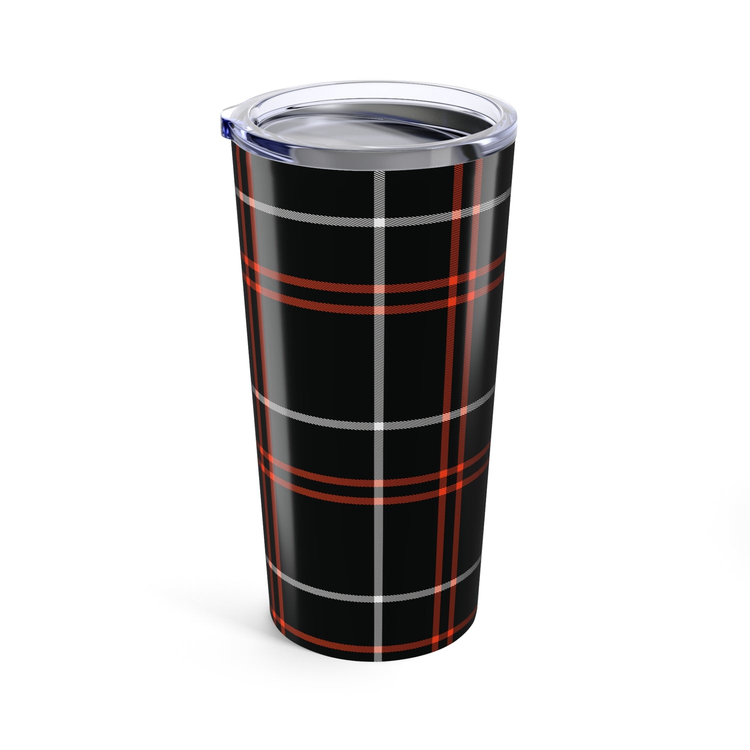 Plaid-patterned tumbler with a clear lid on a white background