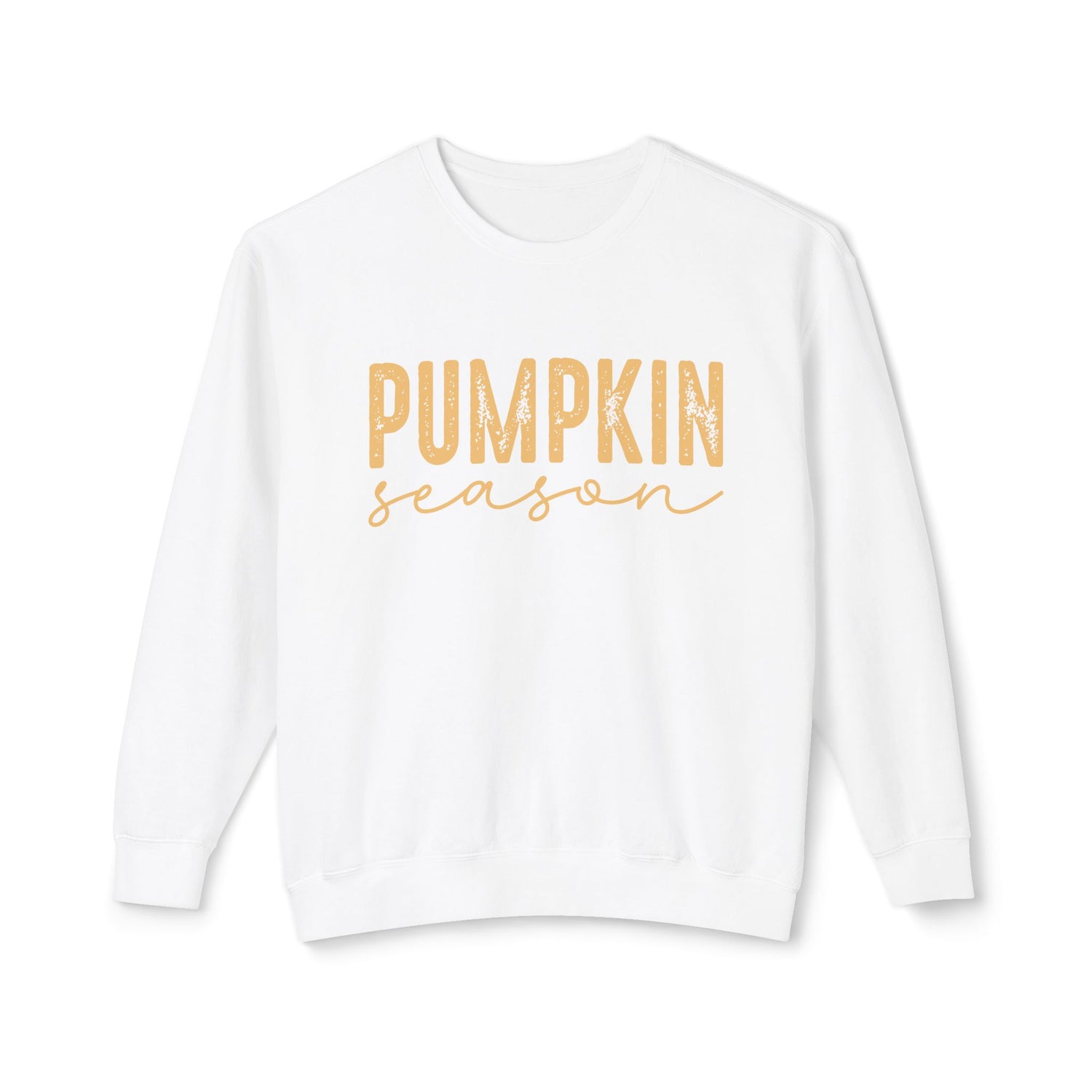 White sweatshirt with 'Pumpkin season' text in gold on a white background