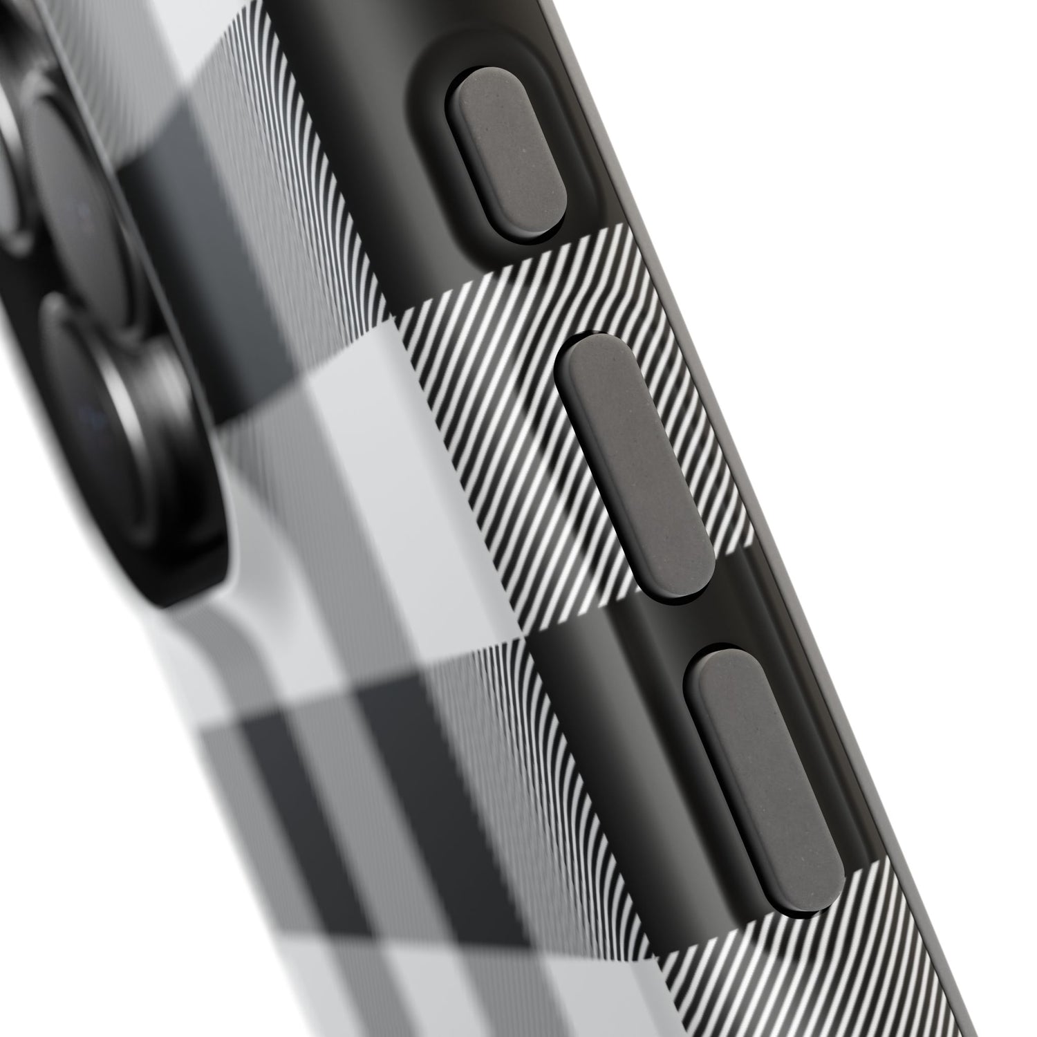 A black and white checkered phone case with a striped pattern and buttons on the top.