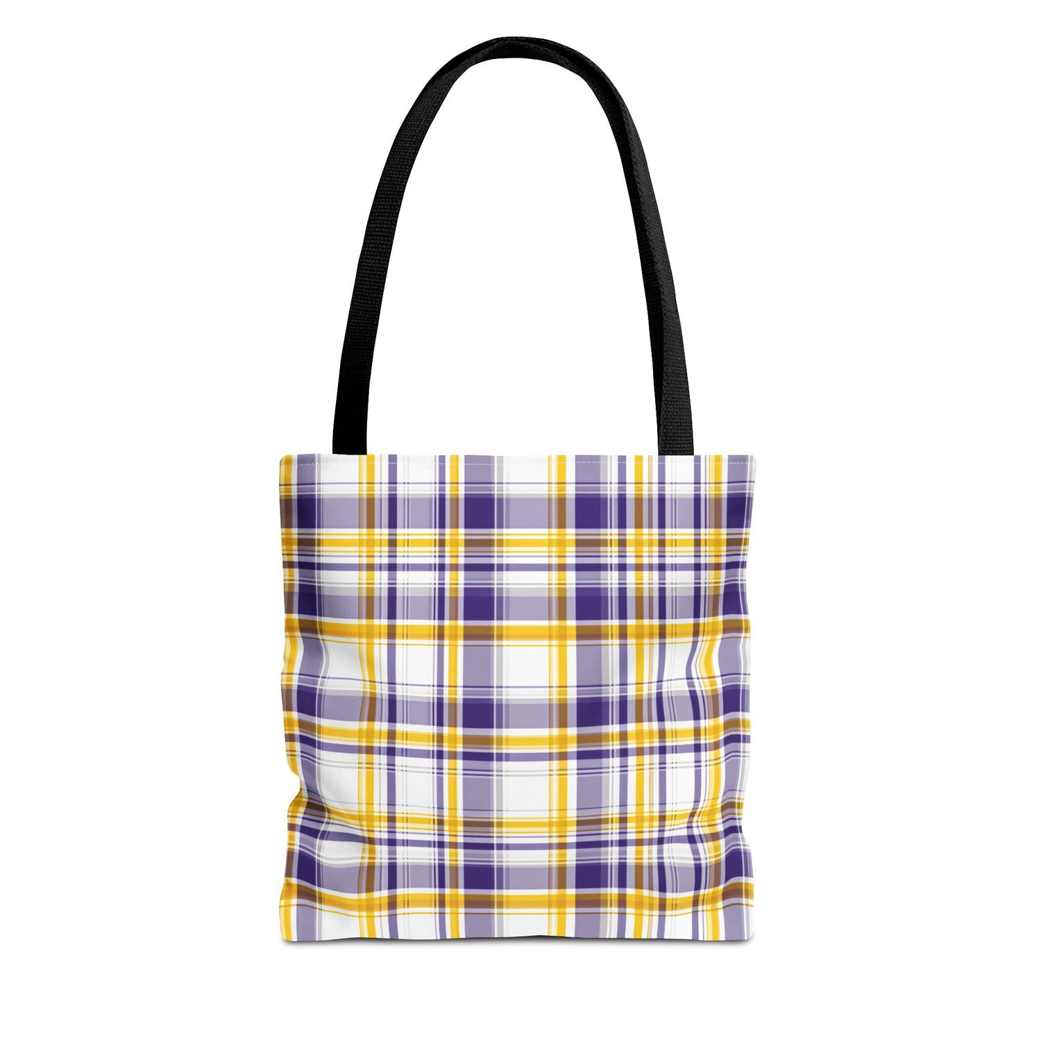 Tote bag with purple and yellow plaid pattern on a white background