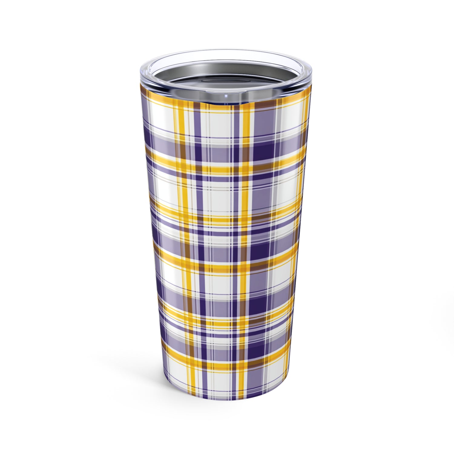 Tumbler with purple and yellow plaid pattern on a white background