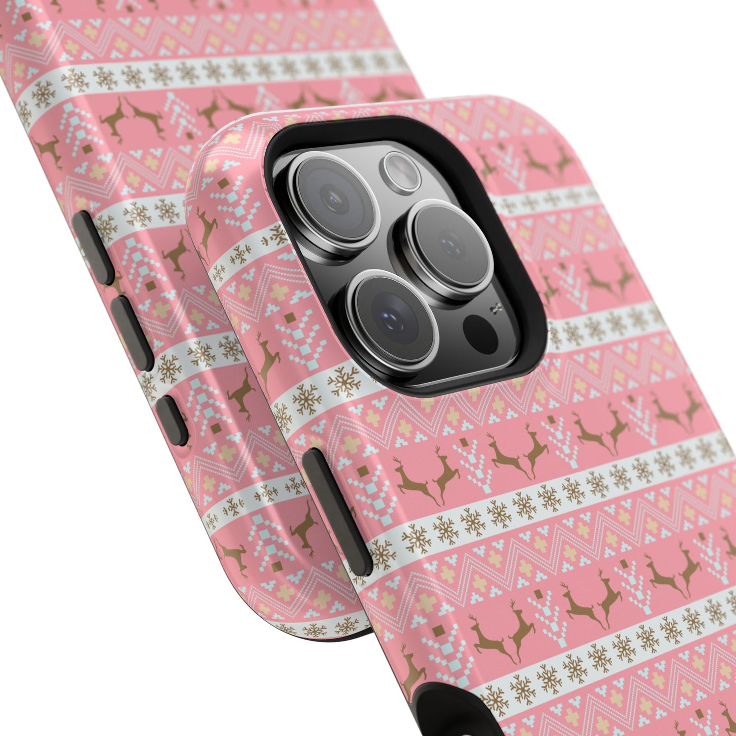 A pink Christmas-themed phone case with a pattern of deer antlers and stars, featuring a black removable TPU inner layer.