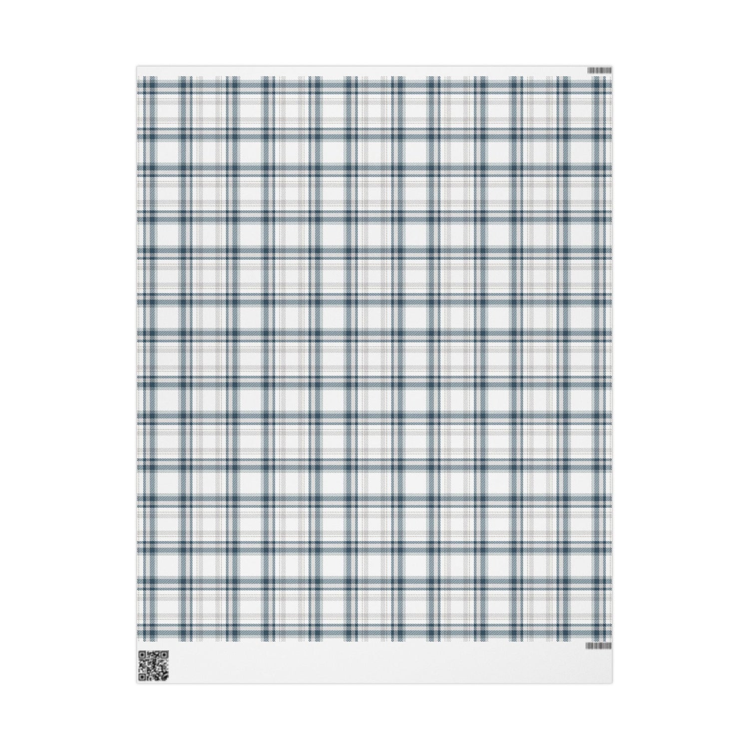 Plaid patterned fabric with a QR code at the bottom right corner on a white background