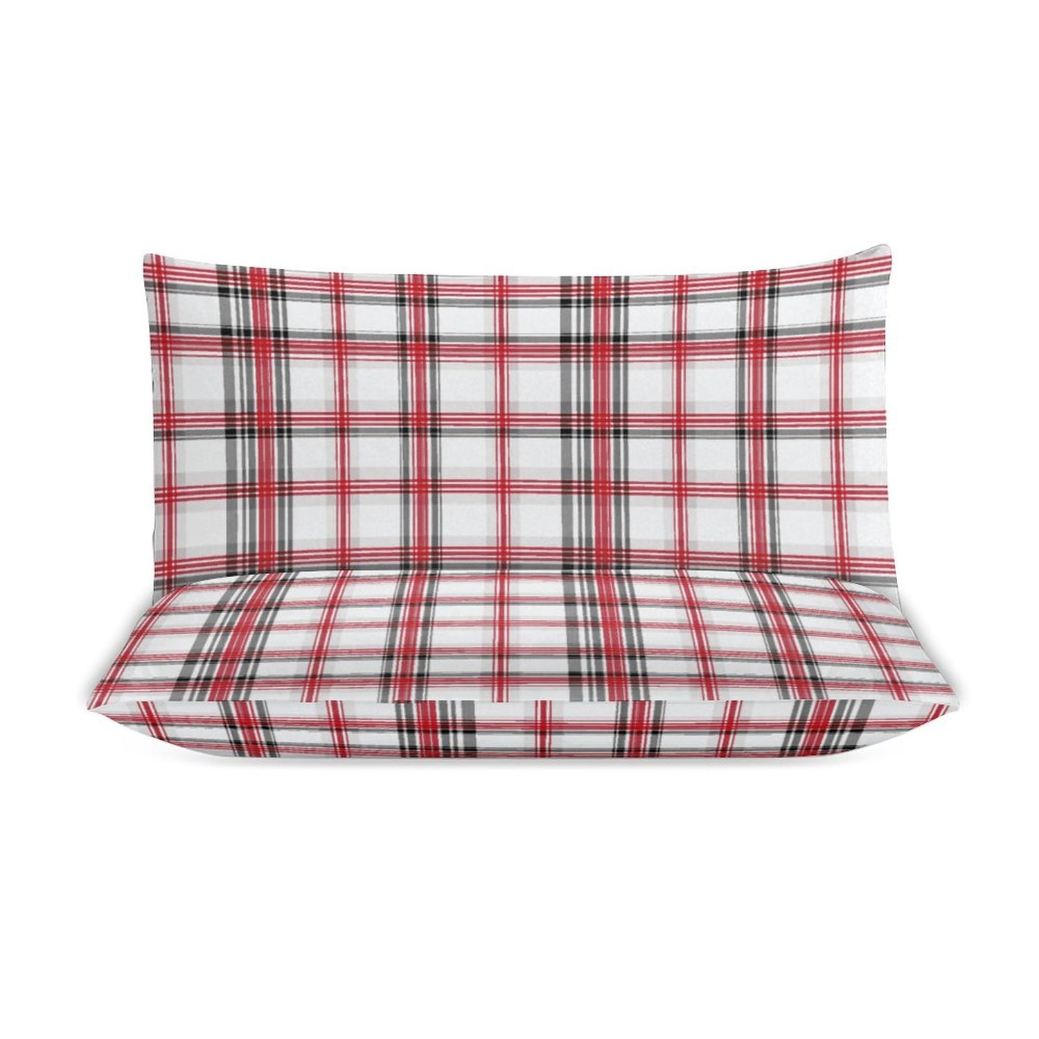 Plaid-patterned fabric with red, black, and white colors on a white background