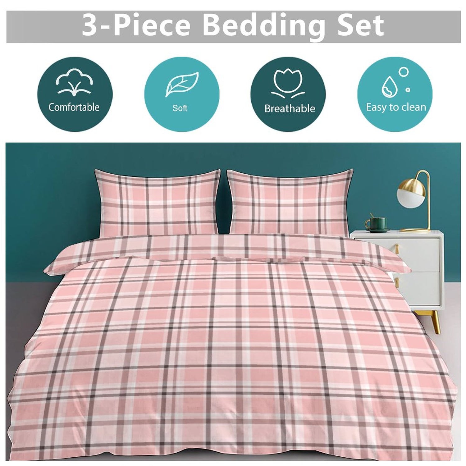 Chocolate Pink Plaid 3-Piece Reversible Duvet Cover Set – Twin