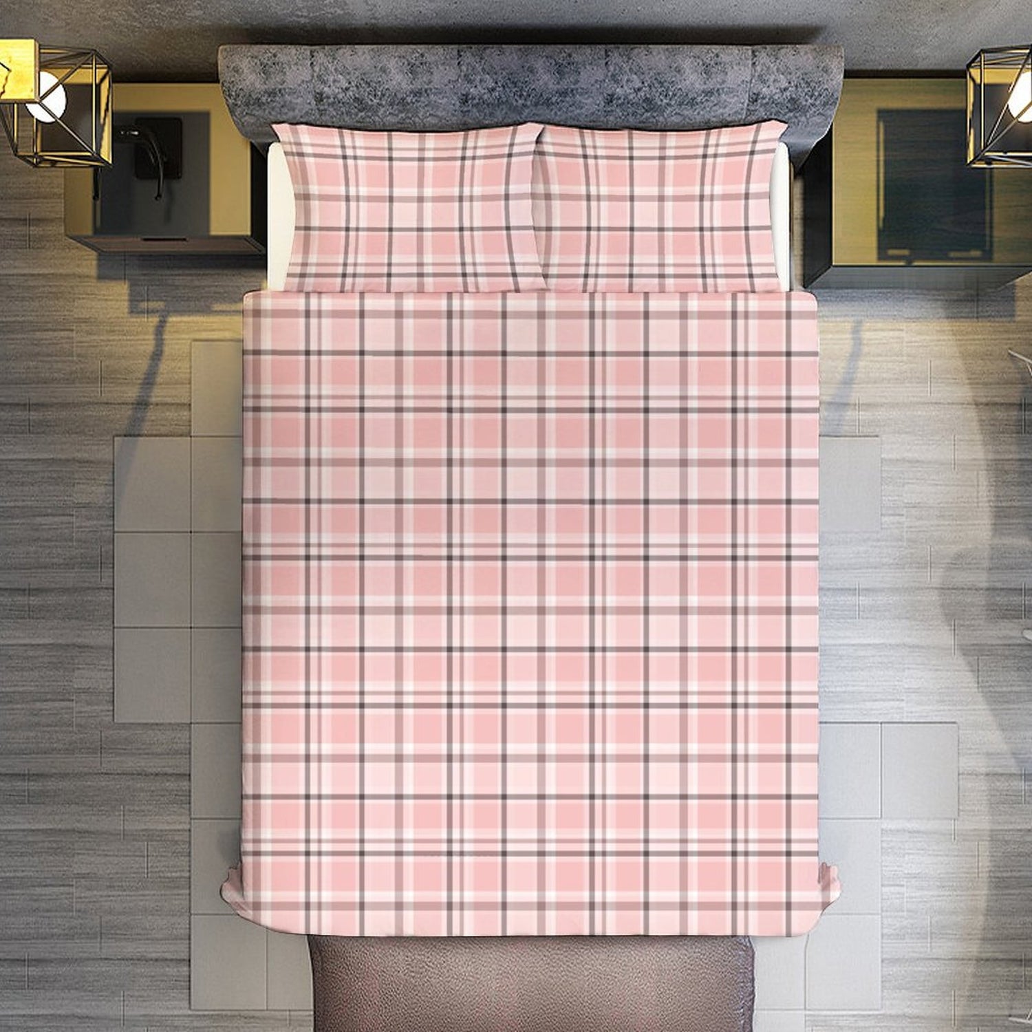 Pink plaid bedding set on a bed with a wooden floor and wall in the background